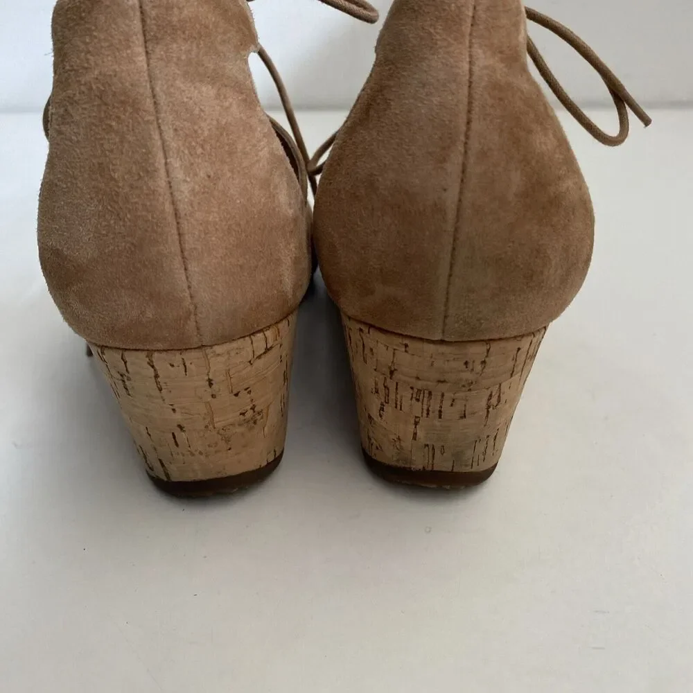 Abeo Lilia Tan Suede Cork Wedge Sandal Beige Brown Open Toe Strappy Tie …
